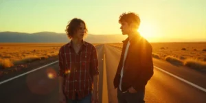 A cinematic scene inspired by My Own Private Idaho, showing two young drifters standing on an empty highway at sunset, symbolizing loneliness and the film’s emotional journey.