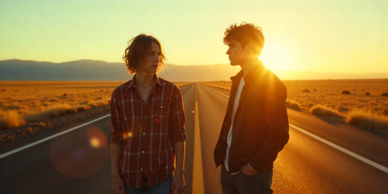 A cinematic scene inspired by My Own Private Idaho, showing two young drifters standing on an empty highway at sunset, symbolizing loneliness and the film’s emotional journey.
